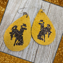 Bucking Horse & Rider®️Suede Leather Earrings ~ Mustard/Brown Glitter - My Wyo Designs