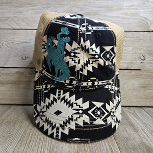 Black & White Teal Bucking horse & Rider®️ CC Ponytail Cap