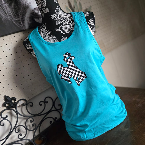 Checkered Bucking Horse wide strap tank ~ Tahiti Teal - My Wyo Designs