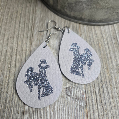 Bucking Horse & Rider®️ Leather Earrings~ Light Grey & Pewter Glitter - My Wyo Designs