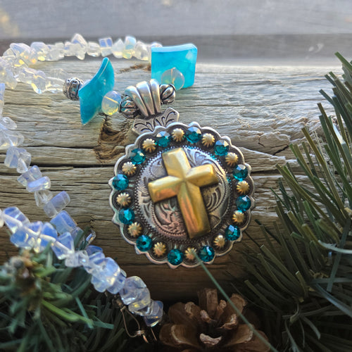 Teal & Opal Nugget Cross Concho Necklace - My Wyo Designs
