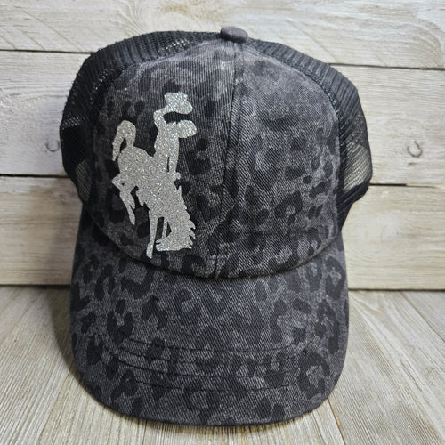 Black Leopard ~ Silver Glitter ~Bucking horse & Rider®️ CC Criss-Cross Pony Cap - My Wyo Designs