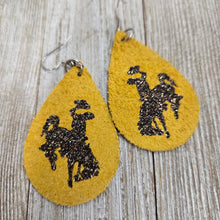 Bucking Horse & Rider®️Suede Leather Earrings ~ Mustard/Brown Glitter - My Wyo Designs