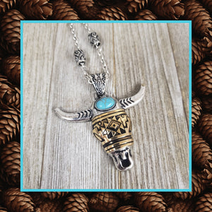 Two-tone Aztec Steer Skull Necklace - My Wyo Designs