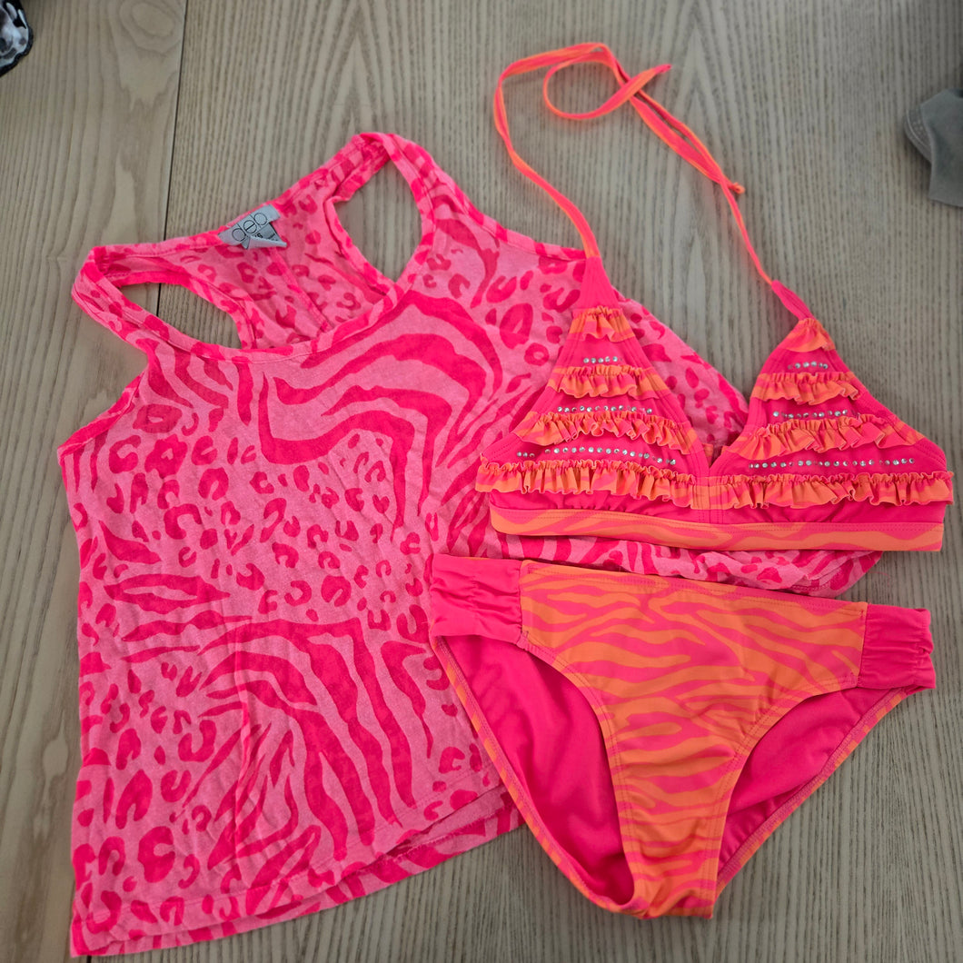 Justice Hot Pink & Orange Ruffle Bikini & overlay ~ Girls size 14