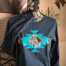 Aztec Fall Bucking Horse ~ Atlantic Blue Long Sleeve tee