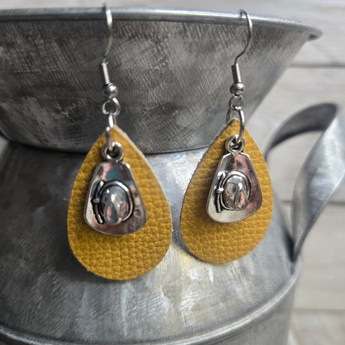 Itty Bitty Cowgirl Hat Leather earrings~ Mustard Wyo - My Wyo Designs