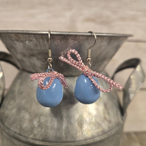 Small Jingle Egg Earrings ~ Blue/pink bow - My Wyo Designs