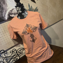 Scrolled Cross & Steamboat~ Heather Sunset Bella Tee