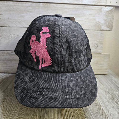 Black Leopard ~ Flamingo Pink Glitter ~Bucking horse & Rider®️ CC Criss-Cross Pony Cap (Copy)