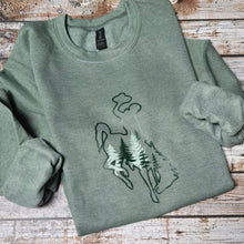 Forest Heather Green sweatshirt with trees embellished on the front