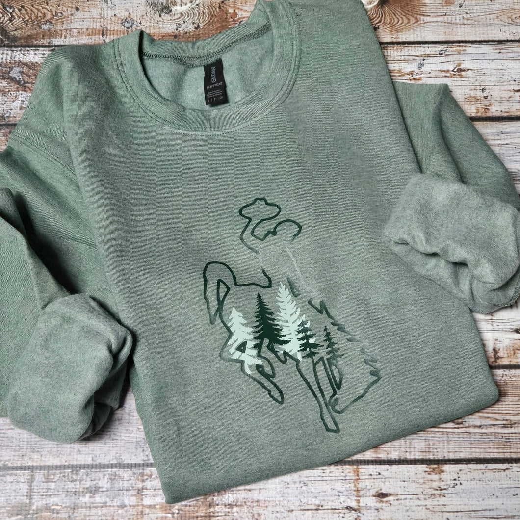 Forest Heather Green sweatshirt with trees embellished on the front