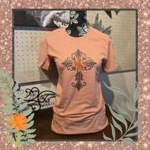 Scrolled Cross & Steamboat~ Heather Sunset Bella Tee