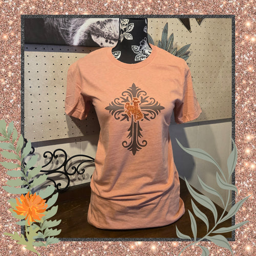 Scrolled Cross & Steamboat~ Heather Sunset Bella Tee - My Wyo Designs