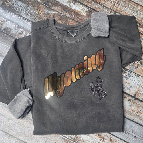 Metallic Gold Wyoming ~ Charcoal Comfort Colors Sweatshirt or Tee (pre-order) - My Wyo Designs