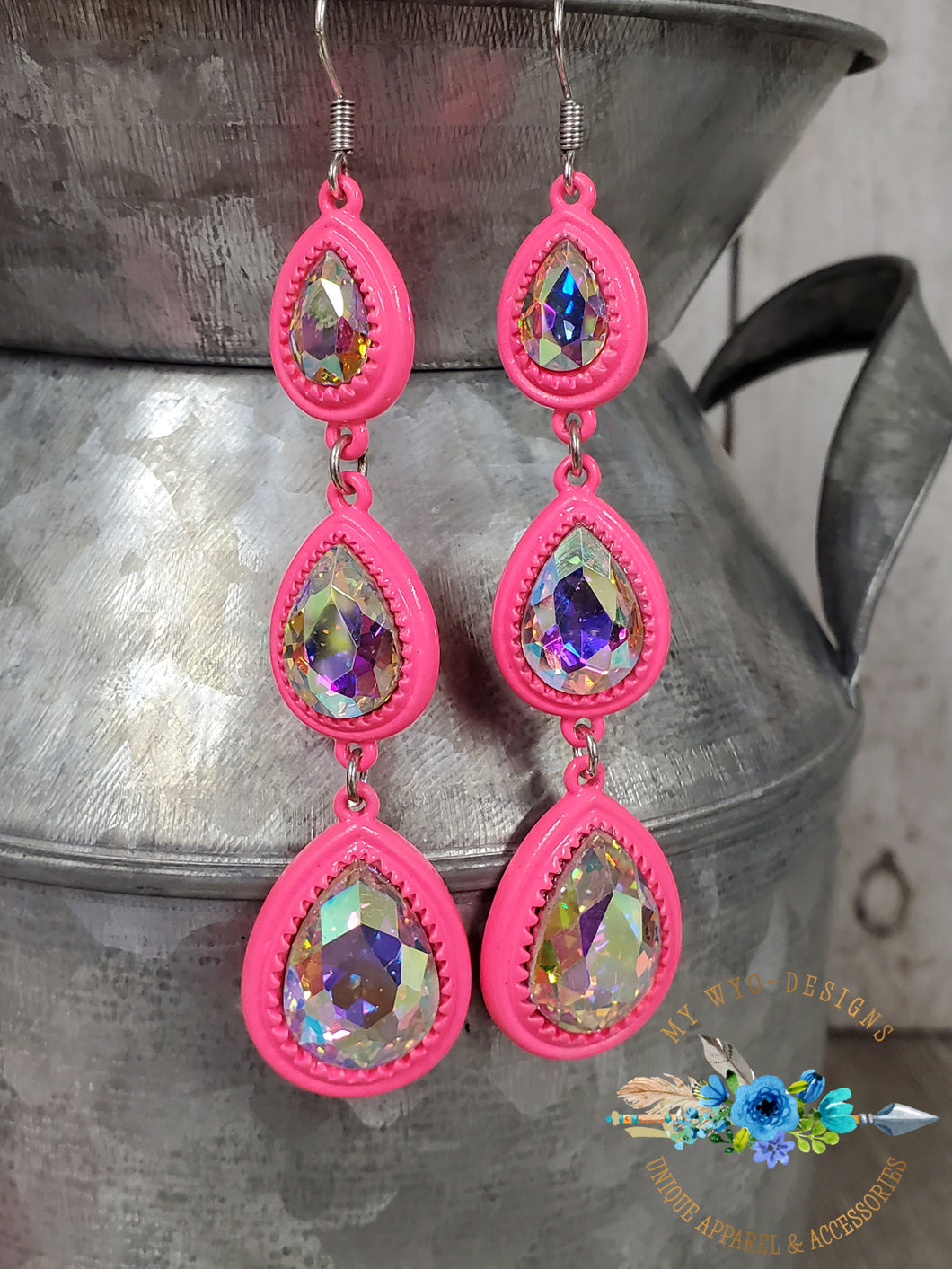 Neon Pink w/Ab Xlong Teardrop Crystal Dangle Earrings - My Wyo Designs