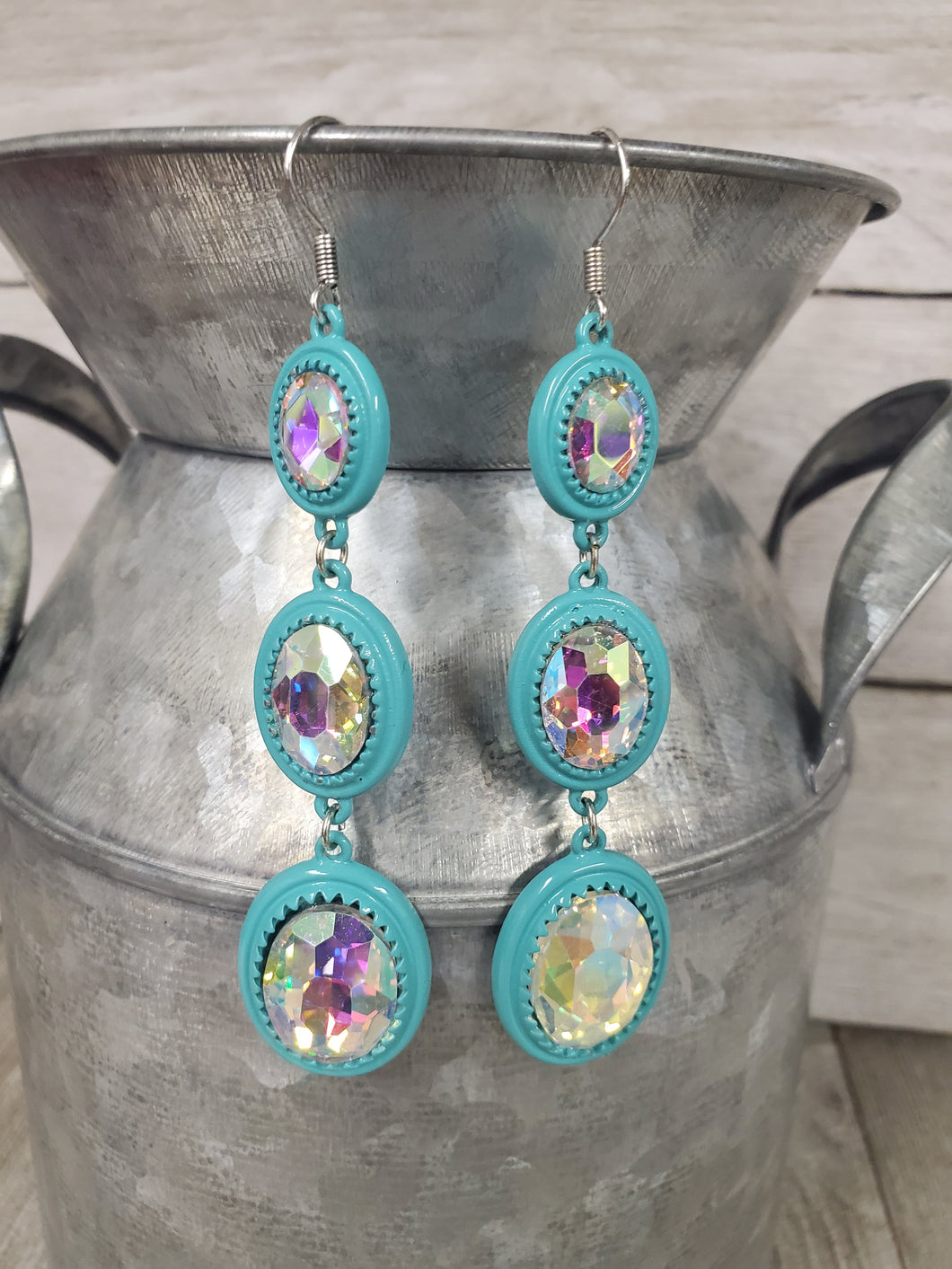 Turquoise w/Ab Xlong Crystal Dangle Earrings - My Wyo Designs