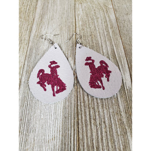 Steamboat Bucking Horse & Rider®️ Authentic Leather Earrings Grey/Magenta - My Wyo Designs