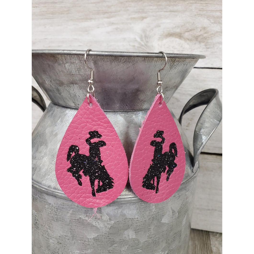 Steamboat Bucking Horse & Rider®️ Authentic Leather Earrings Hot Pink/Black - My Wyo Designs