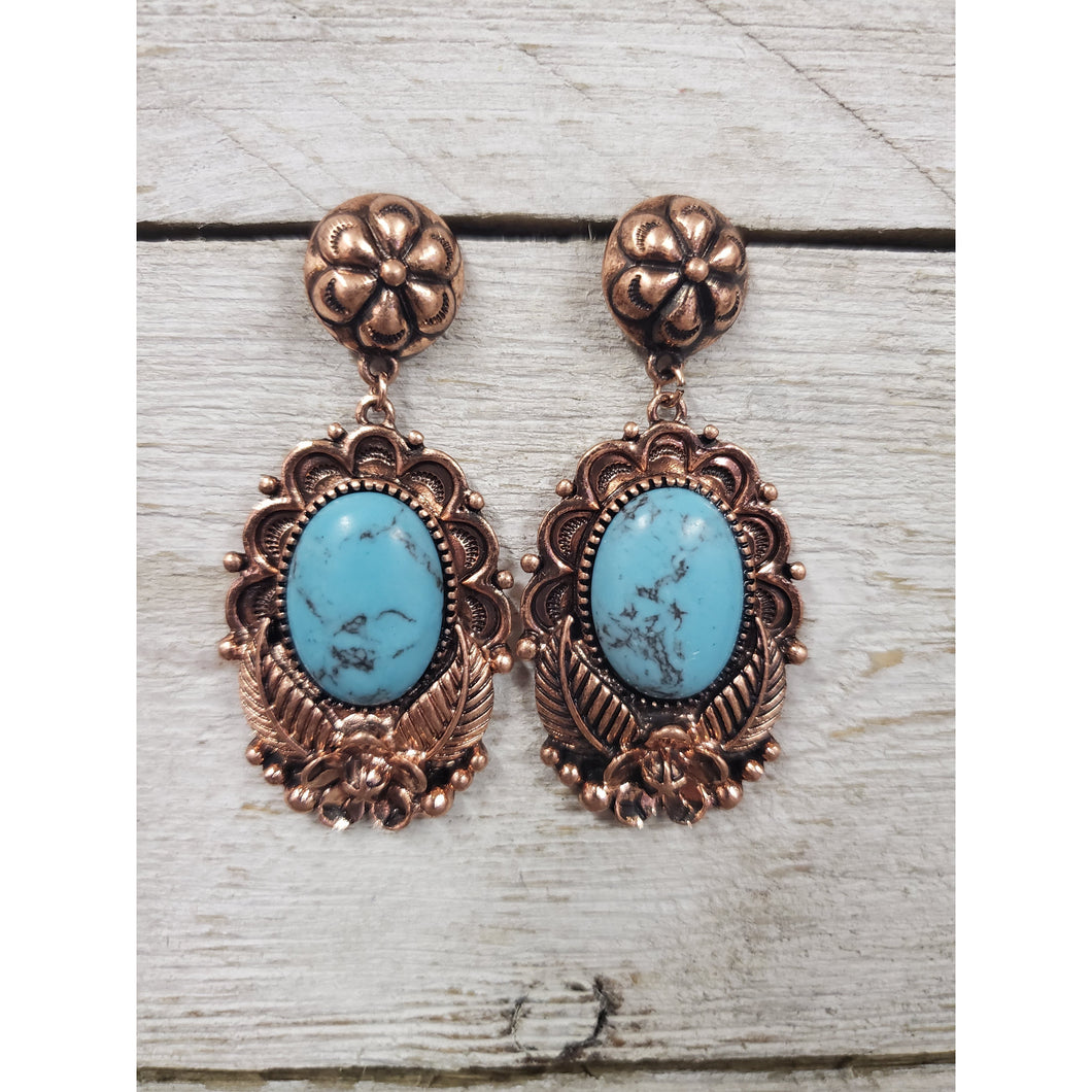 Southwestern Leaf Stamped Dangle Earring ~Copper & Turquoise - My Wyo Designs