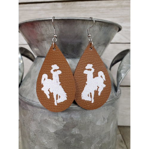 Leather Earrings ~Steamboat~ Cocktail Cowboy Brown/white - My Wyo Designs