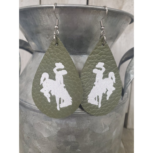 Steamboat Bucking Horse & Rider®️ Authentic Leather Earrings  Olive/white - My Wyo Designs