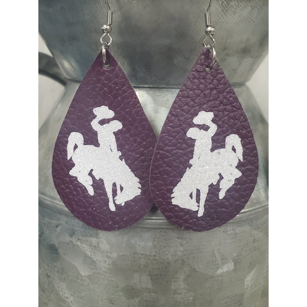 Steamboat Bucking Horse & Rider®️ Authentic Leather Earrings Plum/White - My Wyo Designs