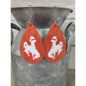 Steamboat Bucking Horse & Rider®️ Authentic Leather Earrings Red/white - My Wyo Designs