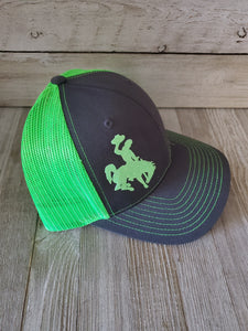 Neon Green & Grey Bucking horse & Rider®️Trucker cap* - My Wyo Designs