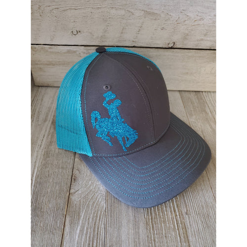 Neon Blue & Grey Bucking horse & Rider®️Trucker cap* - My Wyo Designs