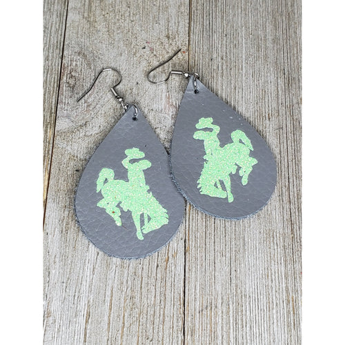 Bucking Horse & Rider®️ Leather Earrings*  Grey/Neon Lime - My Wyo Designs