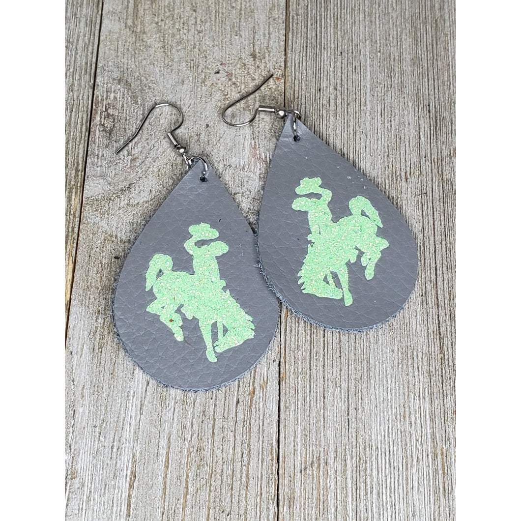 Bucking Horse & Rider®️ Leather Earrings*  Grey/Neon Lime - My Wyo Designs