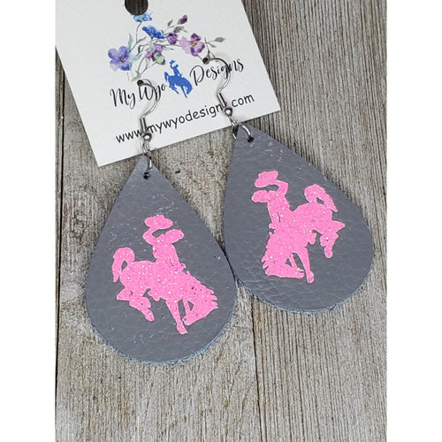 Bucking Horse & Rider®️ Leather Earrings*  Grey/neon Pink - My Wyo Designs