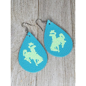 Bucking Horse & Rider®️ Leather Earrings* Teal/Neon Lime - My Wyo Designs