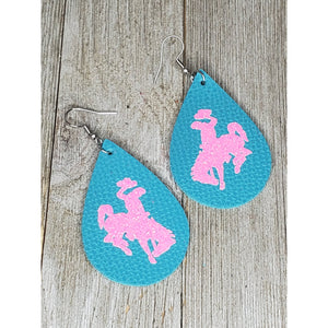 Bucking Horse & Rider®️ Leather Earrings* Teal/Neon Pink - My Wyo Designs