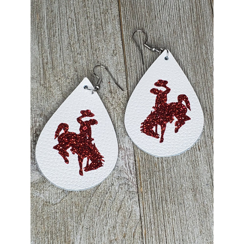 Bucking Horse & Rider®️ Leather Earrings* White/Red - My Wyo Designs
