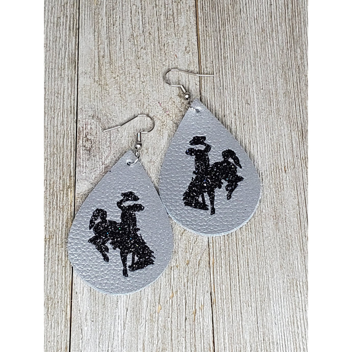 Bucking Horse & Rider®️ Leather Earrings* Shimmer Silver/black - My Wyo Designs