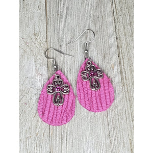Itty Bitty Scrolled Cross Leather earrings Magenta Pink - My Wyo Designs