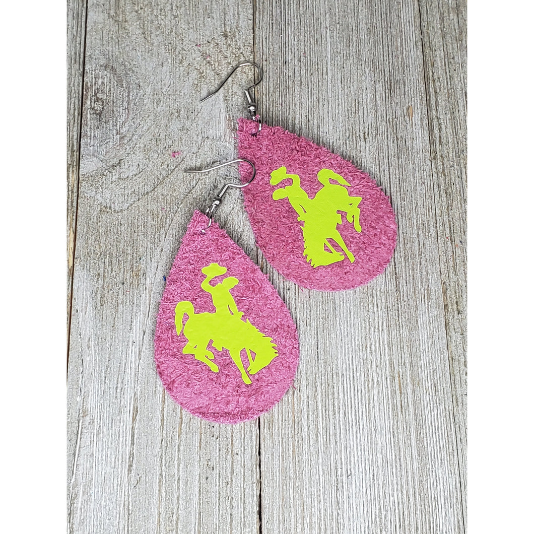Bucking Horse & Rider®️ Leather Earrings* Hot Pink/Summer Vibes - My Wyo Designs
