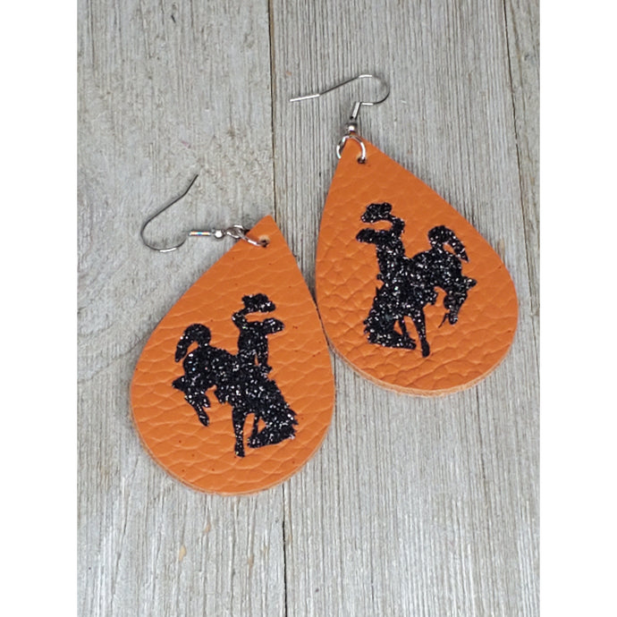 Bucking Horse & Rider®️ Leather Earrings* Orange/black - My Wyo Designs