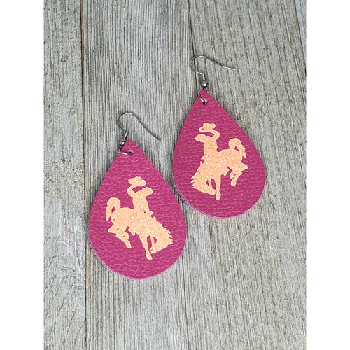 Steamboat Bucking Horse & Rider®️ Authentic Leather Earrings  Hot Pink/Neon Coral - My Wyo Designs