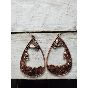 Copper Tooled Floral Teardrop Earrings ~Big~ - My Wyo Designs