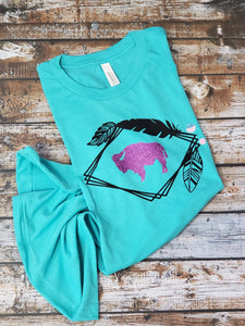 Spirit of the West ~Buffalo & Feather Teal Tee - My Wyo Designs