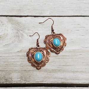 Copper & Turquoise Tooled Heart Earrings - My Wyo Designs