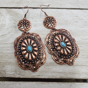 Copper & Turquoise Tooled Concho Dangle Earrings - My Wyo Designs