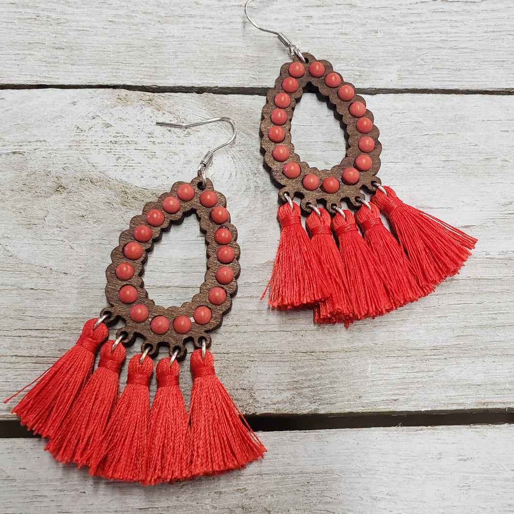 Red Wood Tassel Earrings - My Wyo Designs