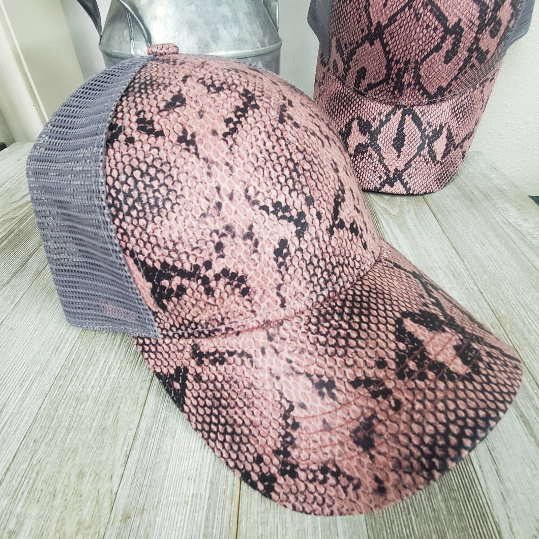 Pink & Grey Reptile Print Ponytail Cap - My Wyo Designs