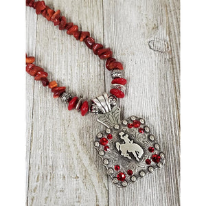 Bucking Horse & Rider Necklace Red Coral #35 - My Wyo Designs