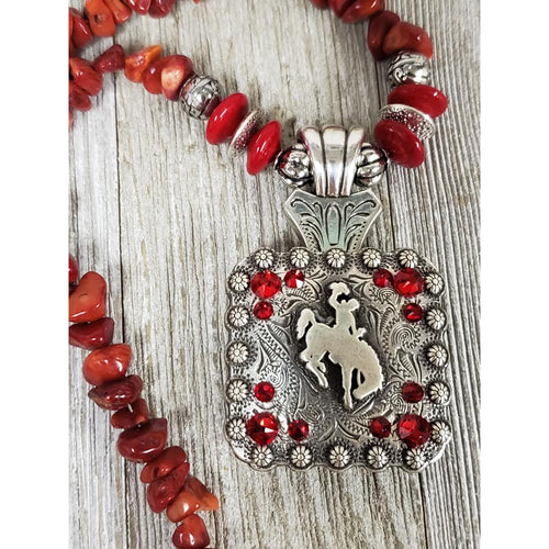 Bucking Horse & Rider Necklace Red Coral #35 - My Wyo Designs