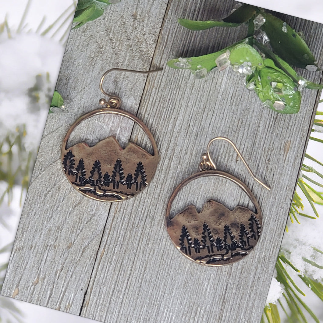 Brass ~Mountain Pines~ Round Drop Earrings - My Wyo Designs